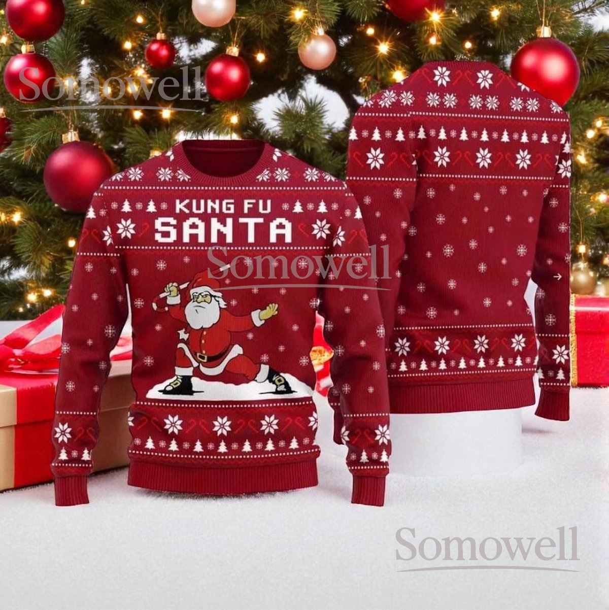 Kung Fu Santa Christmas Red Ugly Sweater Funny Holiday Knit Jumper