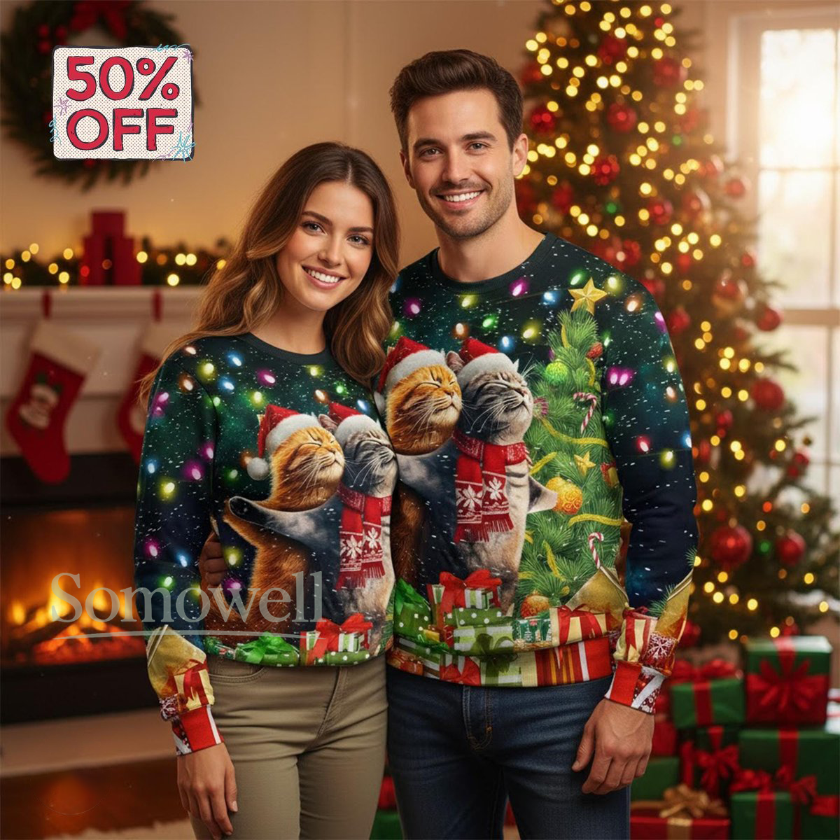 Romantic Cat Couple Green Ugly Christmas Sweater Cute Feline Lovers Holiday Knit Jumper