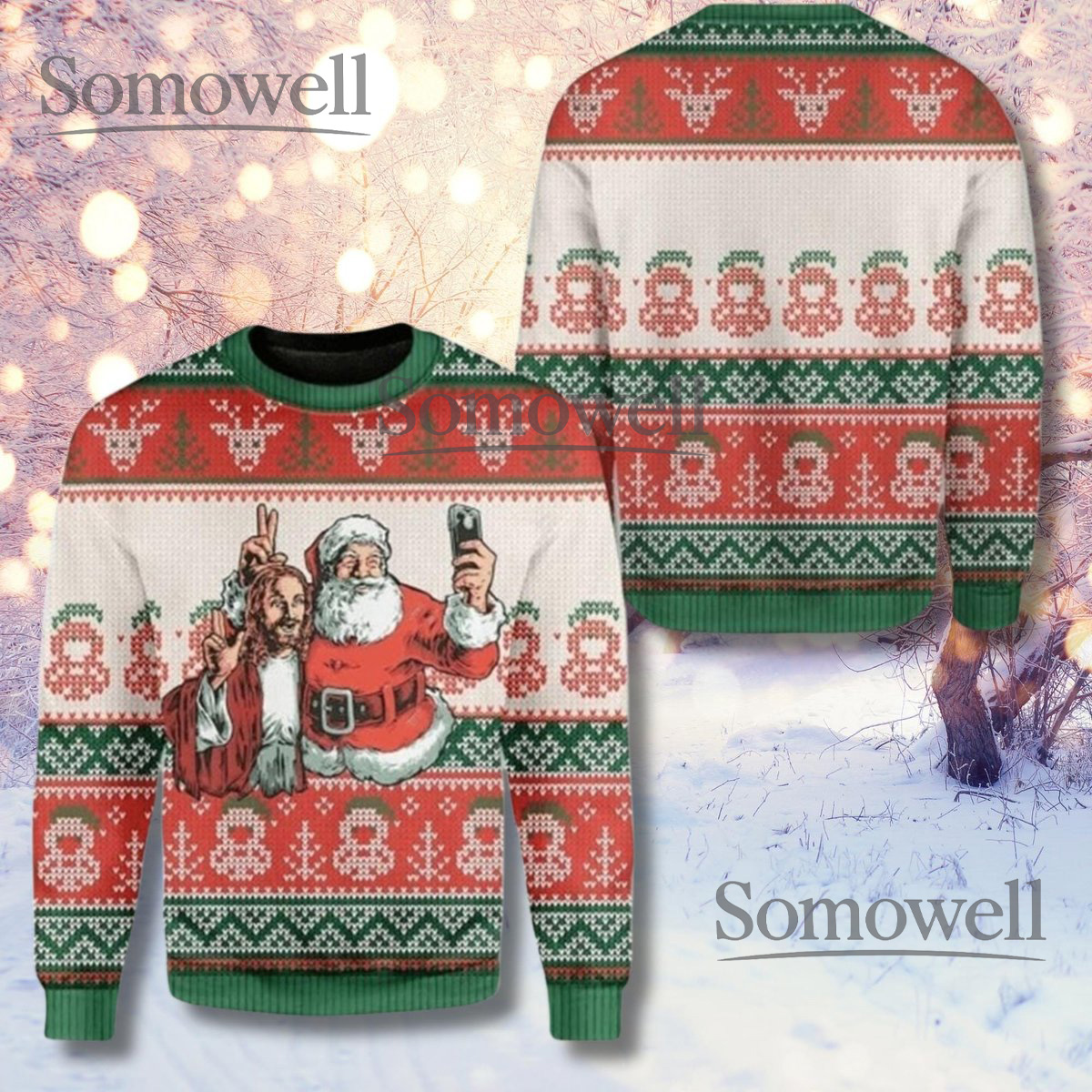 Funny Santa Jesus Selfie Ugly Christmas Sweater Holiday Knit Jumper