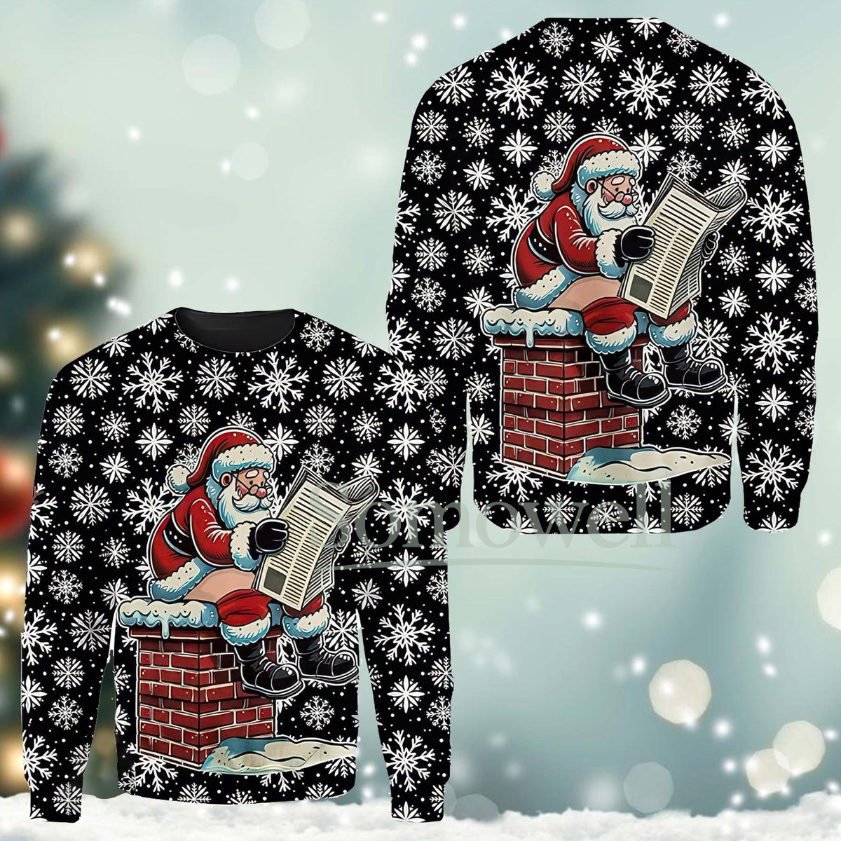 Santa Reading Newspaper Black Ugly Christmas Sweater Funny Chimney Scene Holiday Knit Jumper