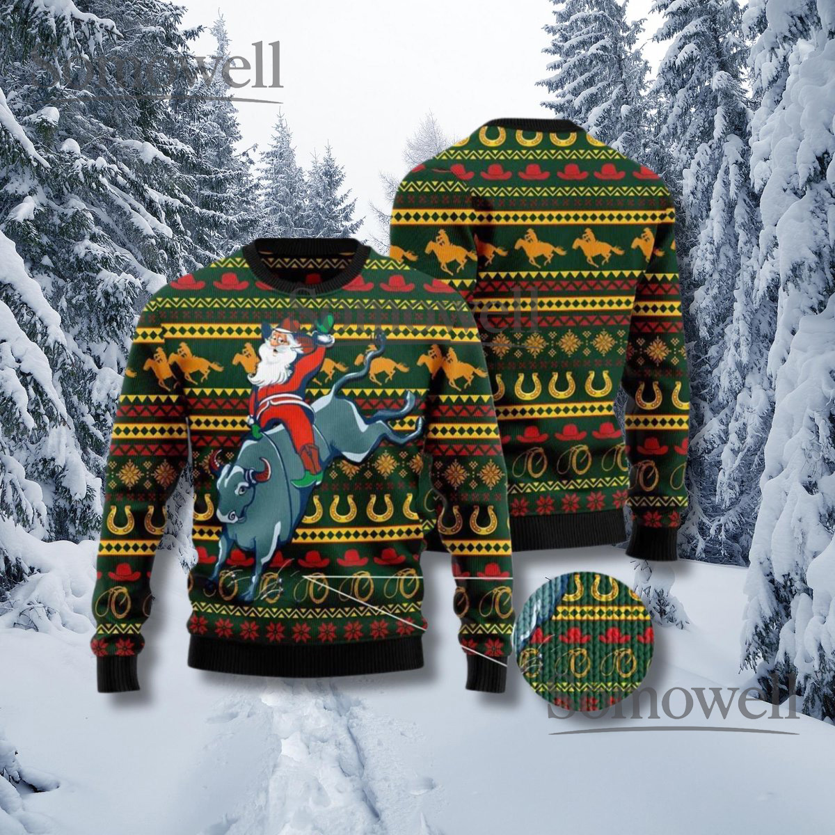 Funny Santa Riding Bull Ugly Christmas Sweater Western Rodeo Holiday Pullove