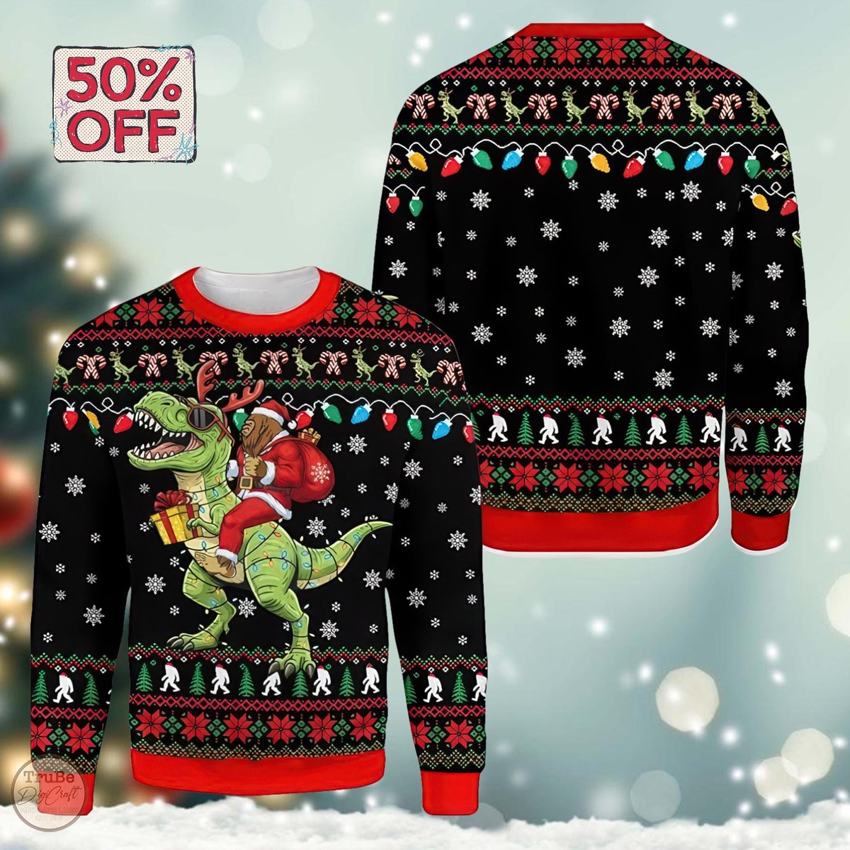 Santa Riding Dinosaur Black Christmas Ugly Sweater Funny T Rex Holiday Knit Jumper