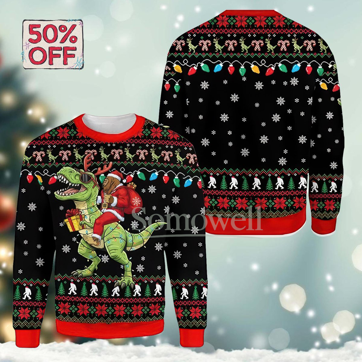 Santa Riding Dinosaur Black Ugly Christmas Sweater Funny T-Rex Gift Holiday Knit Jumper