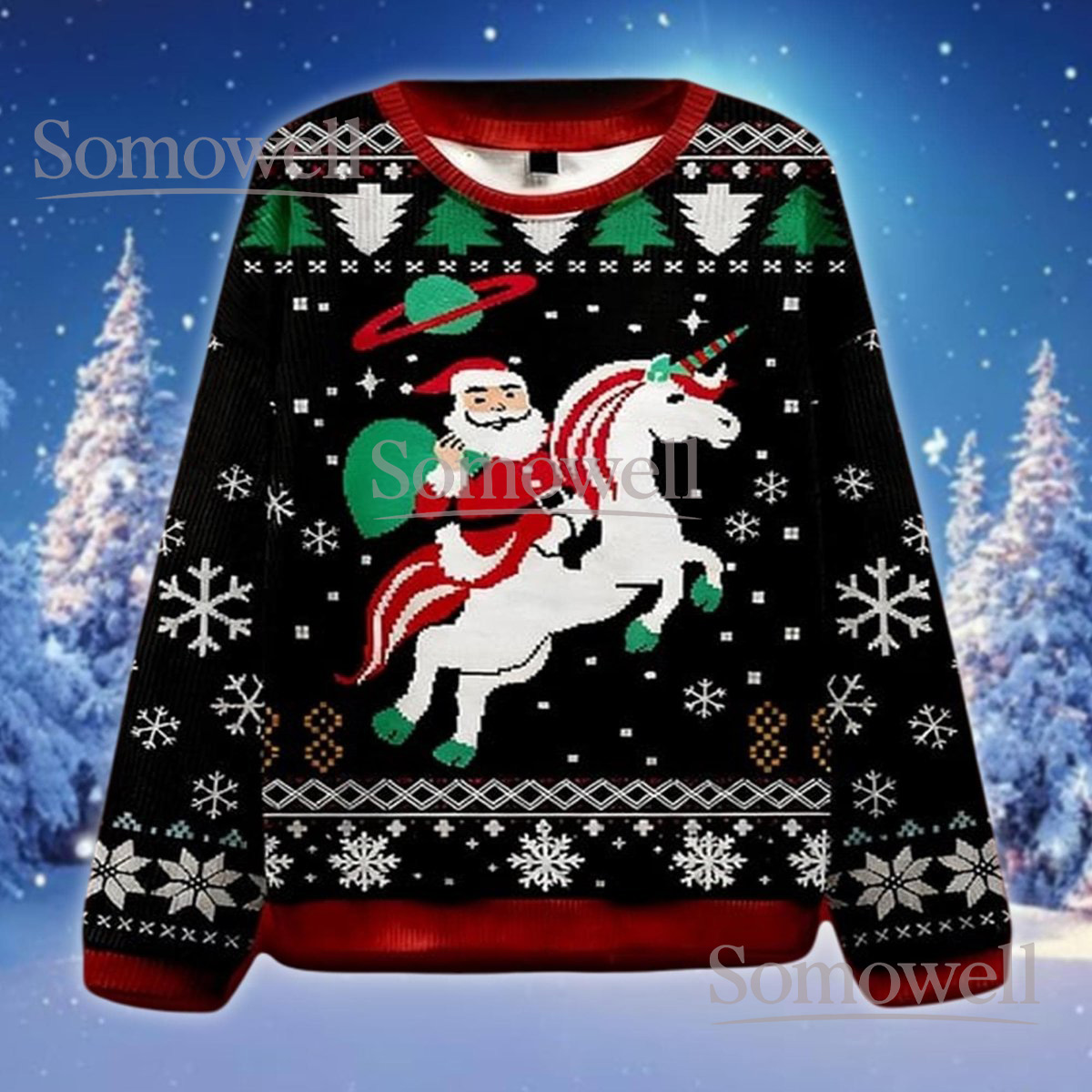 Santa Riding Unicorn Ugly Christmas Sweater Funny Fantasy Holiday Gift