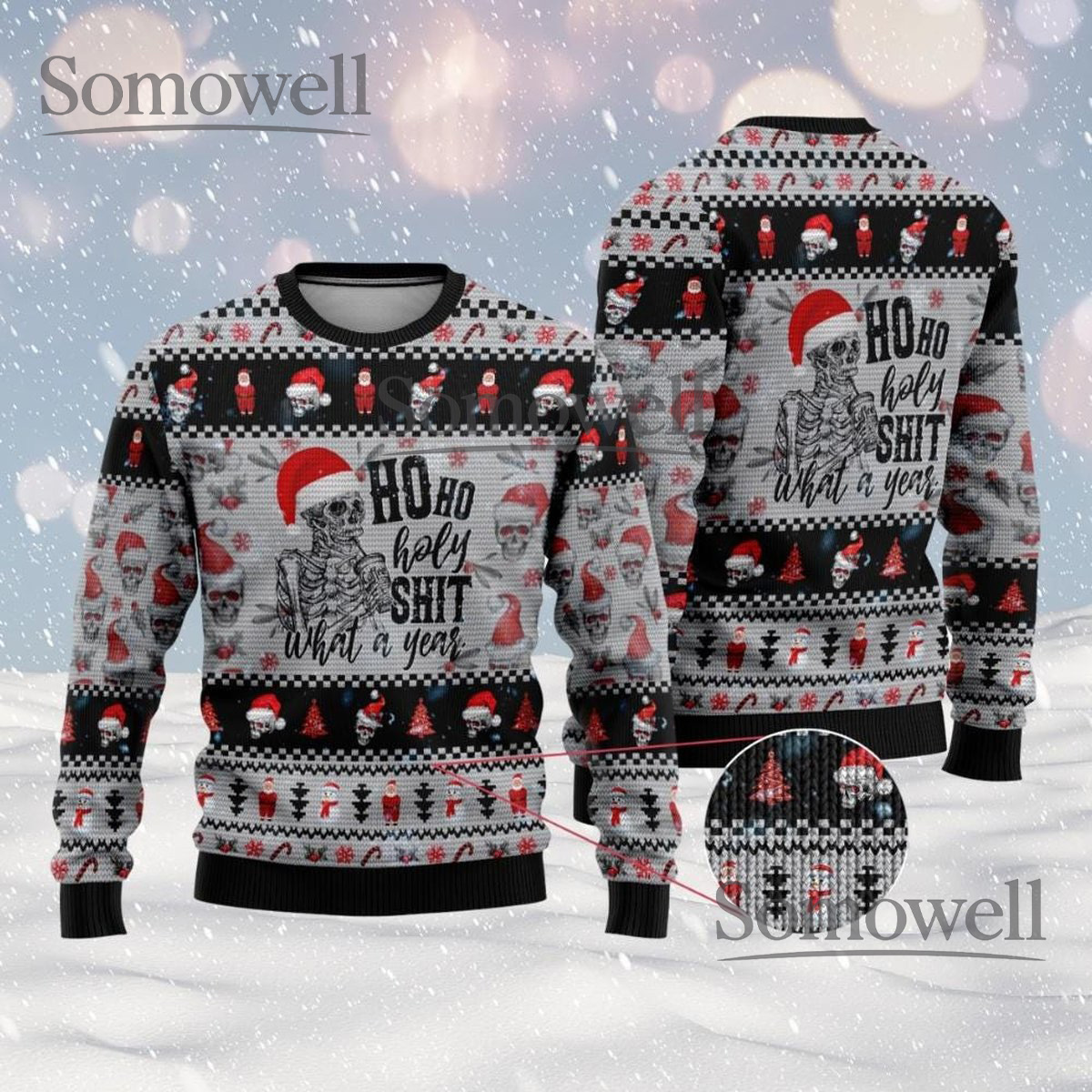 Funny Skull Gray Christmas Ugly Sweater Ho Ho Holy Shit Holiday Knit Jumper