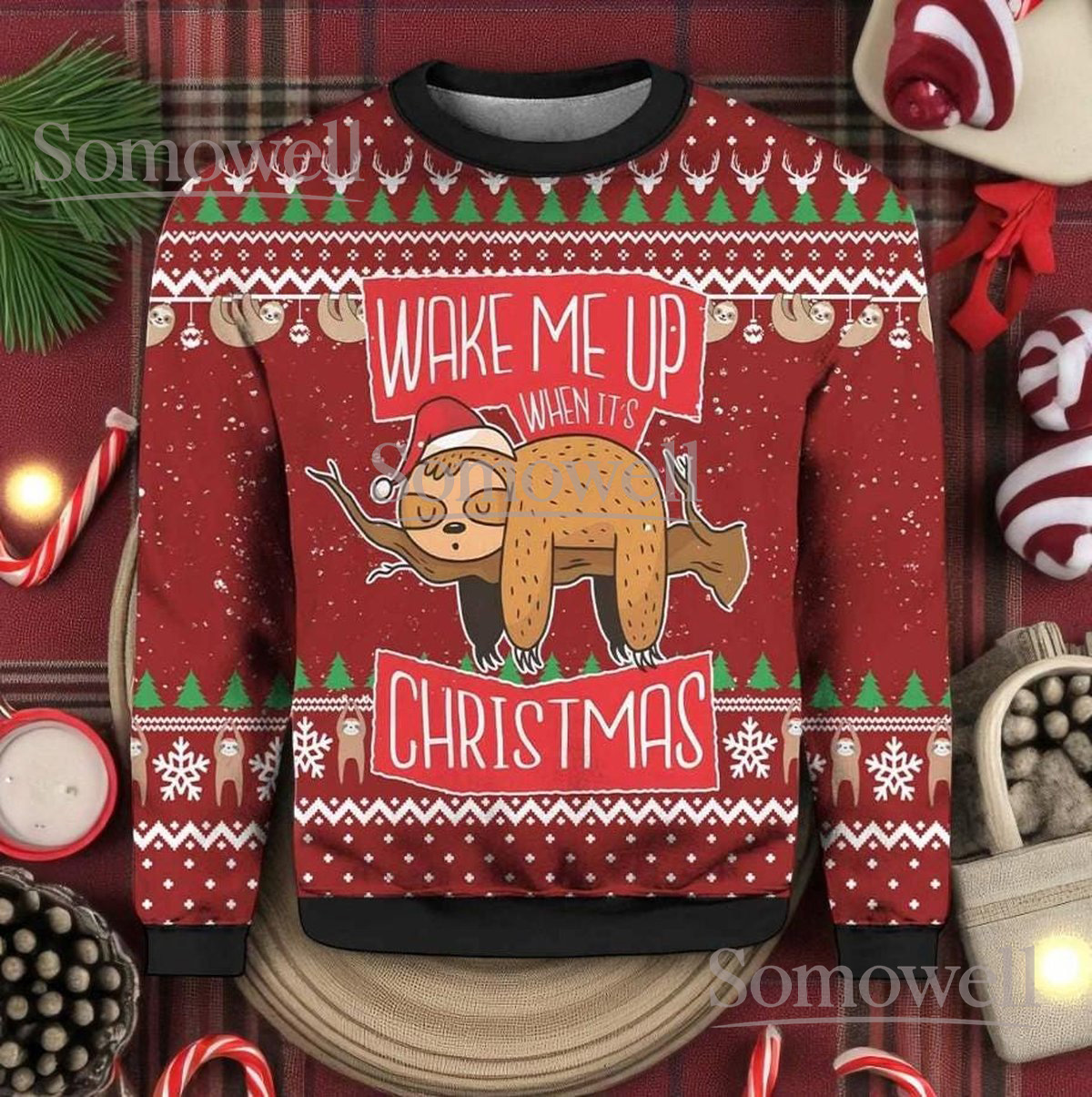 Sloth Sleepy Christmas Red Ugly Sweater Funny Holiday Knit Jumper
