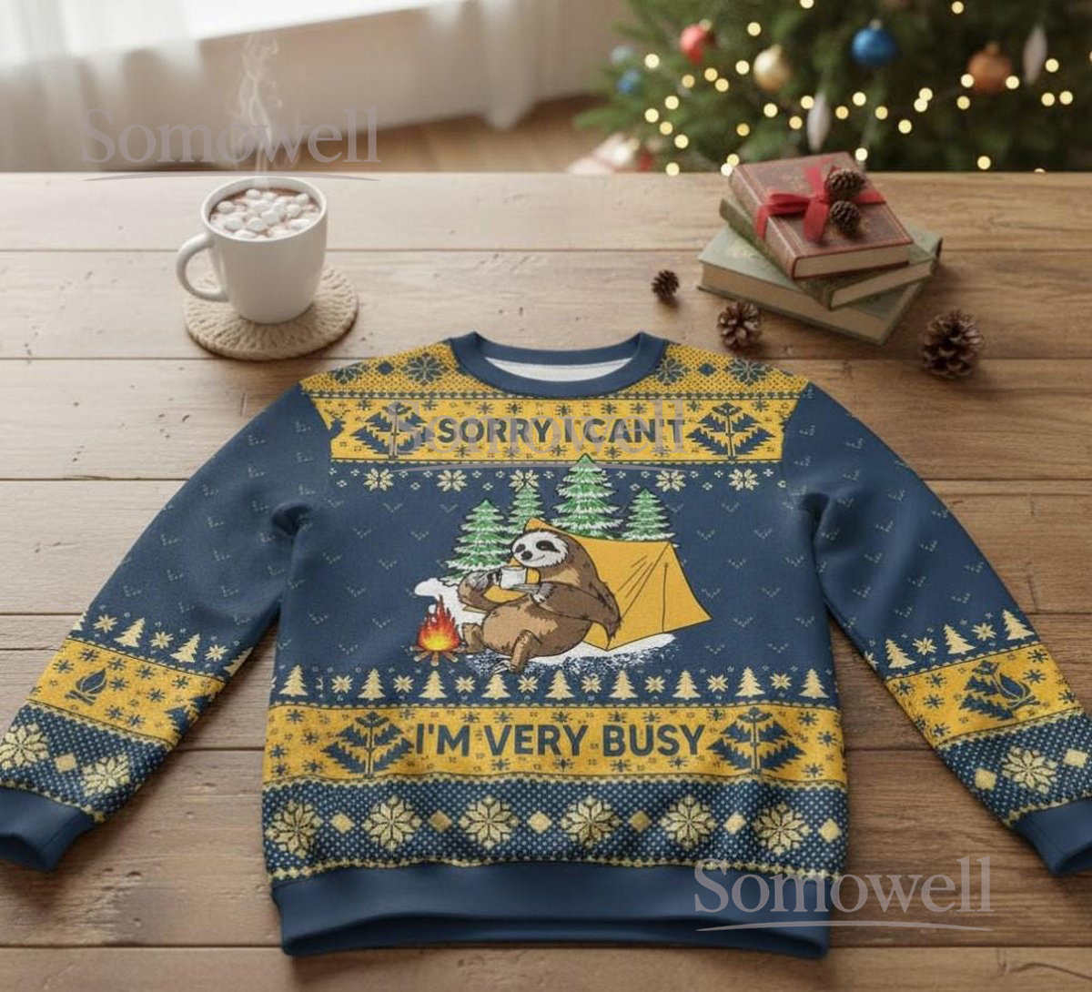 Sloth Busy Camping Christmas Blue Ugly Sweater Funny Holiday Knit Jumper