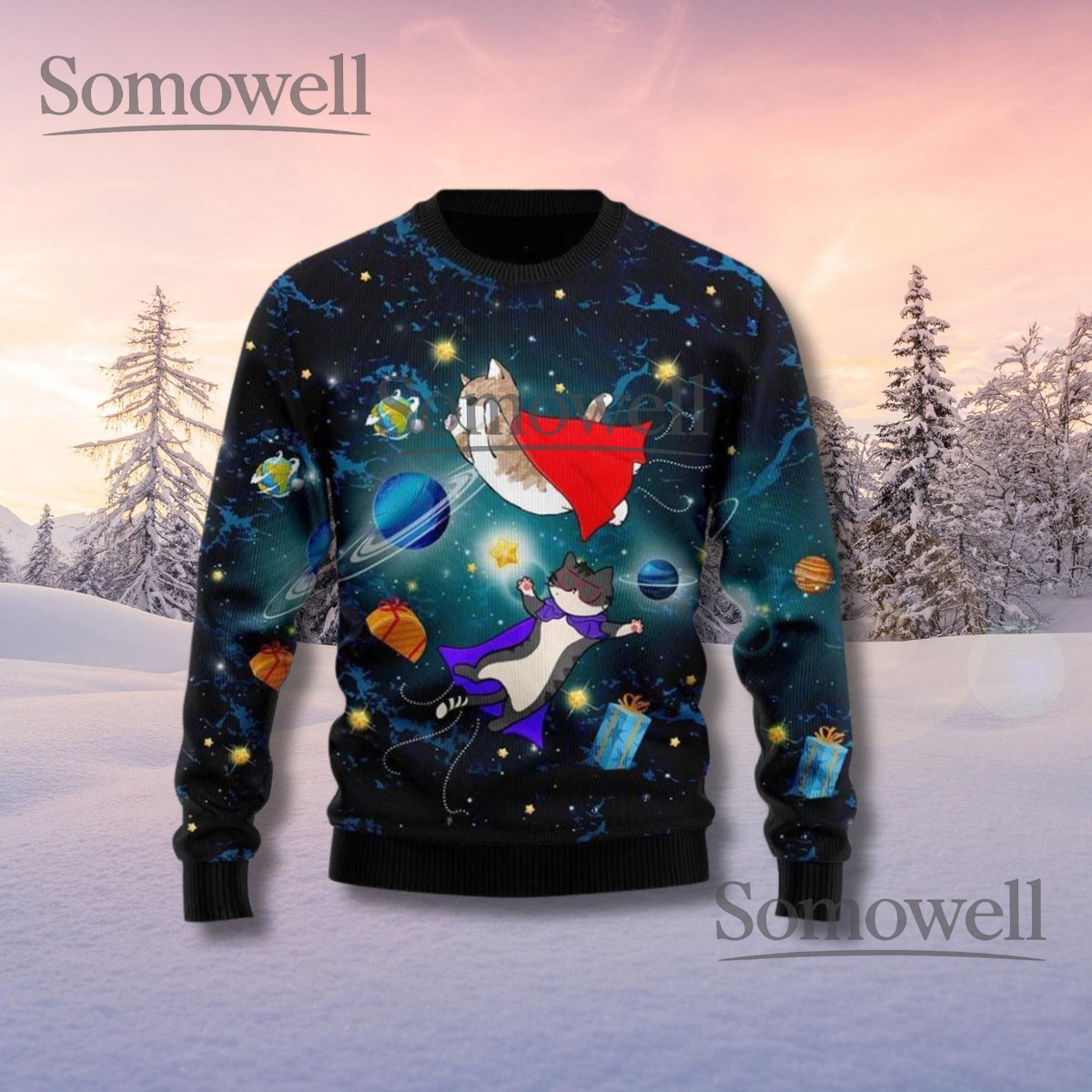 Funny Space Cat Christmas Sweater Superhero Galaxy Xmas Pullover