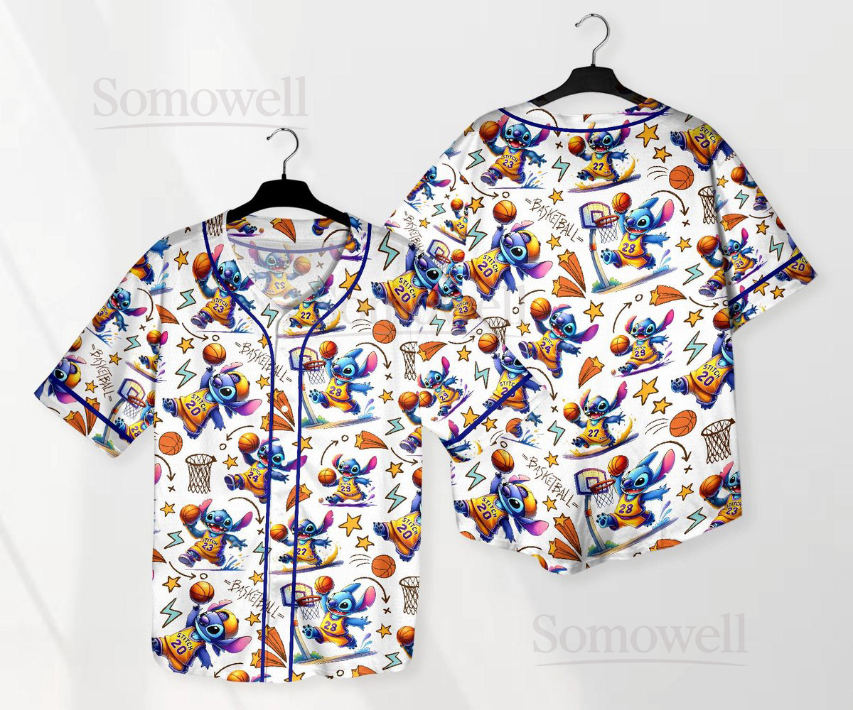 Funny Stitch Basketball Jersey Shirt for Fans, Colorful Cartoon Stitch with Basketball Theme