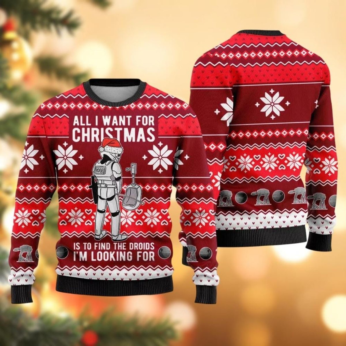 Stormtrooper Droids Quest Christmas Red Ugly Sweater Holiday Snowflake Pattern Knit Jumper