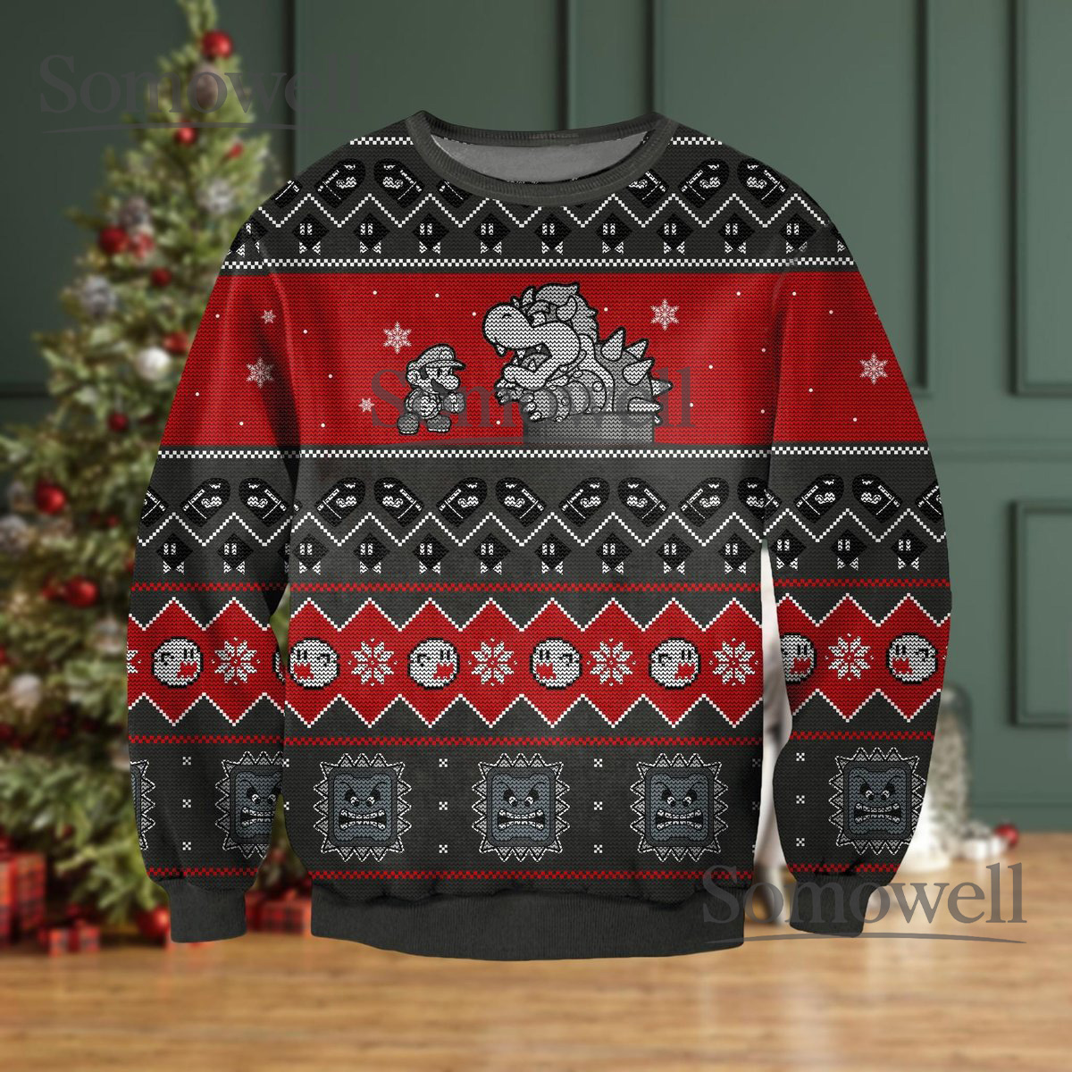 Mario vs Bowser Red Black Ugly Christmas Sweater Retro Gamer Knit Holiday Gift