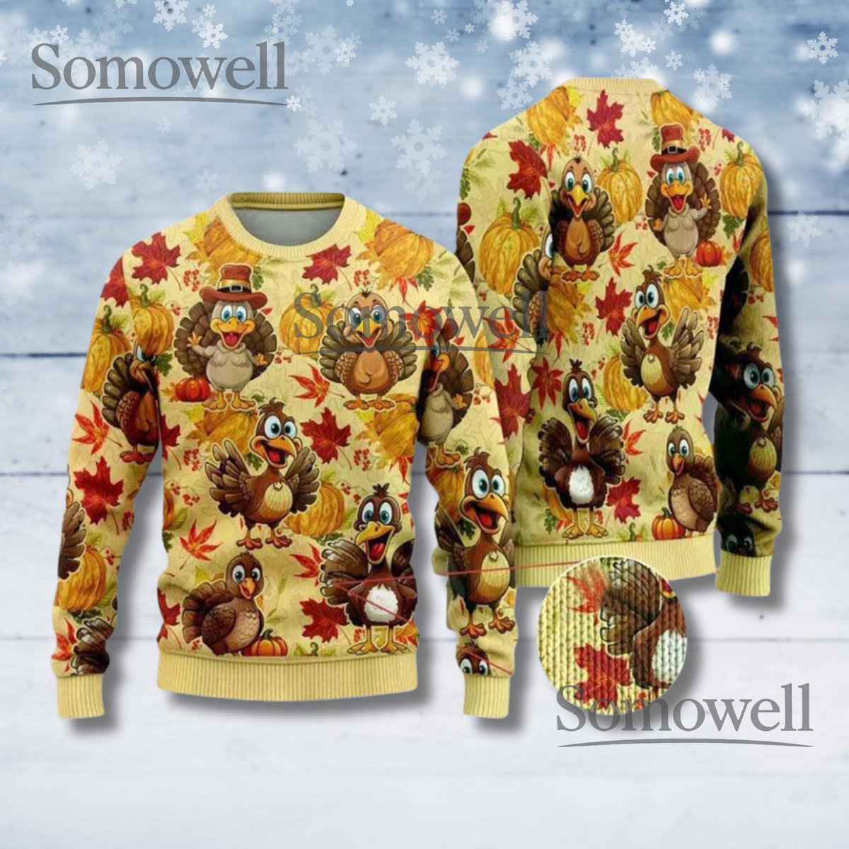 Funny Turkey Ugly Thanksgiving Sweater Cartoon Fall Leaves Pumpkin Pullover