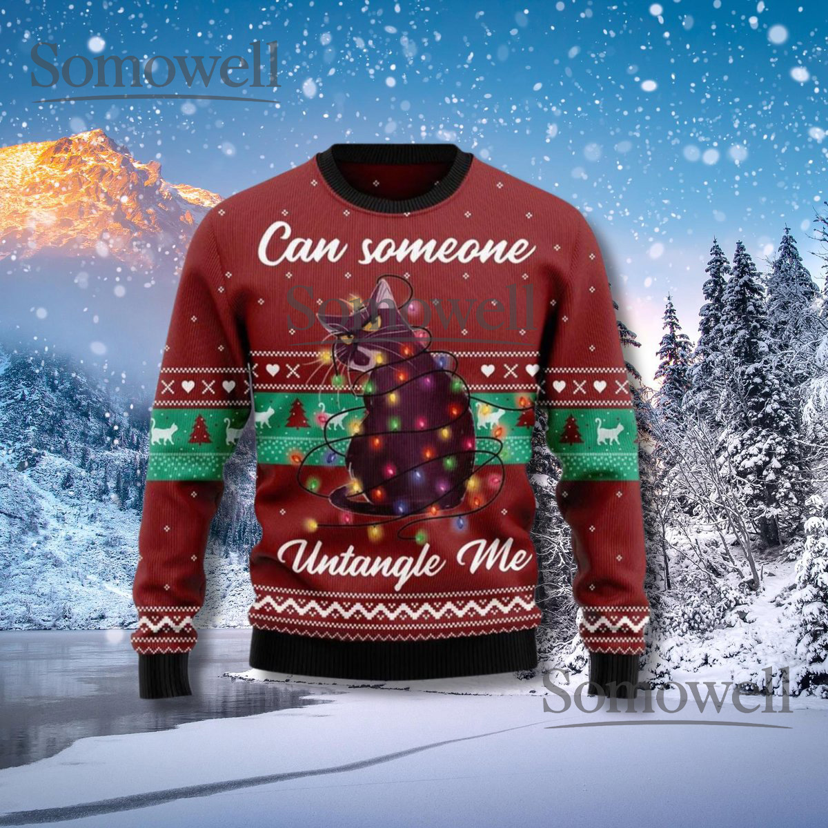 Cat Tangled in Lights Ugly Christmas Sweater Funny Holiday Knit Gift