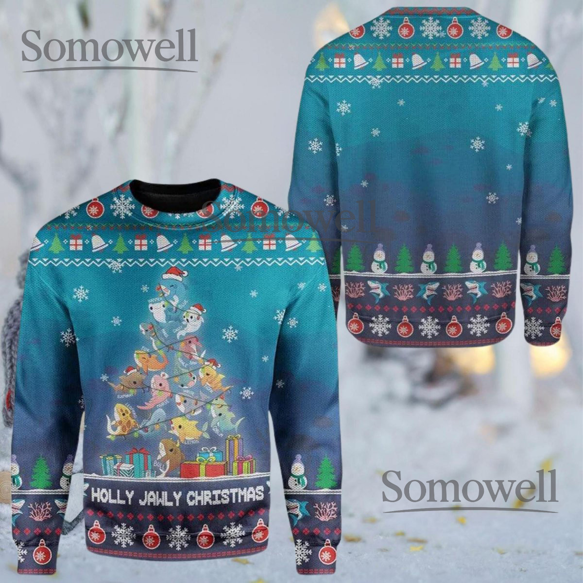 Holly Jawly Christmas Shark Tree Blue Ugly Christmas Sweater Funny Ocean Gift Knit Jumper