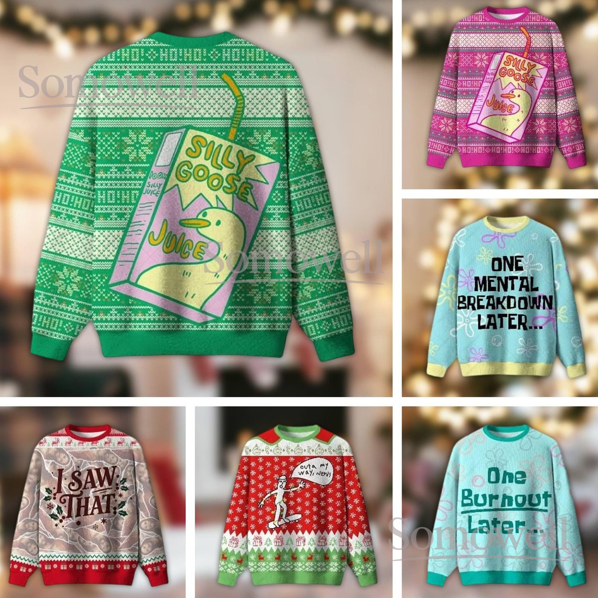 Goose Juice Funny Christmas Ugly Sweater Silly Holiday Knit Jumper Whimsical Cartoon Design