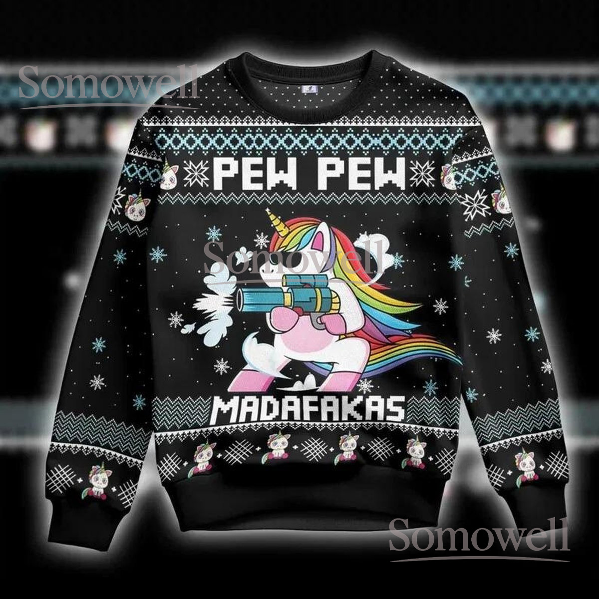 Unicorn Black Christmas Ugly Sweater Pew Pew Madafakas Holiday Knit Jumper Funny Fantasy Gift