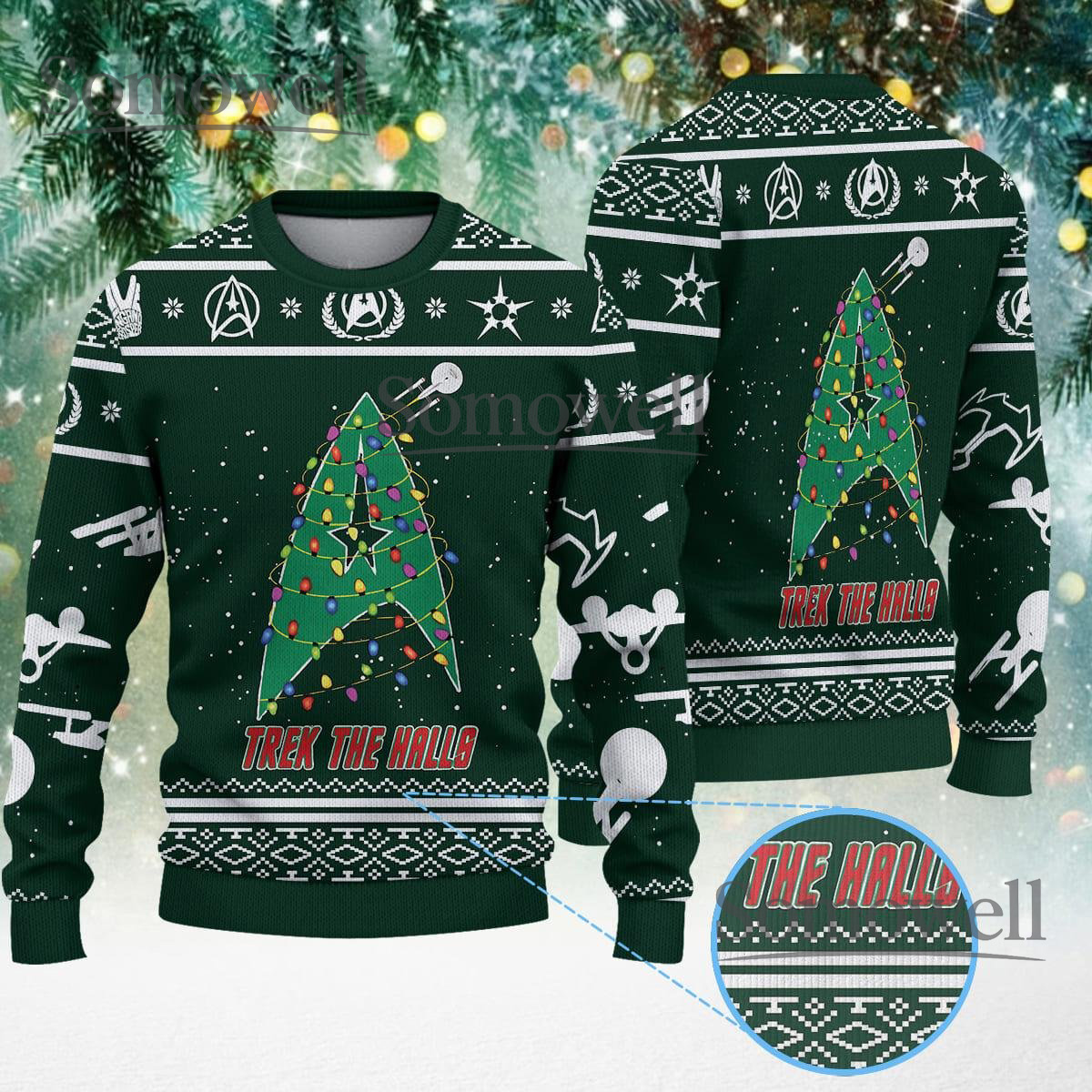 Galaxy Trek The Halls Green Ugly Christmas Sweater Funny Space Tree Knit Jumper