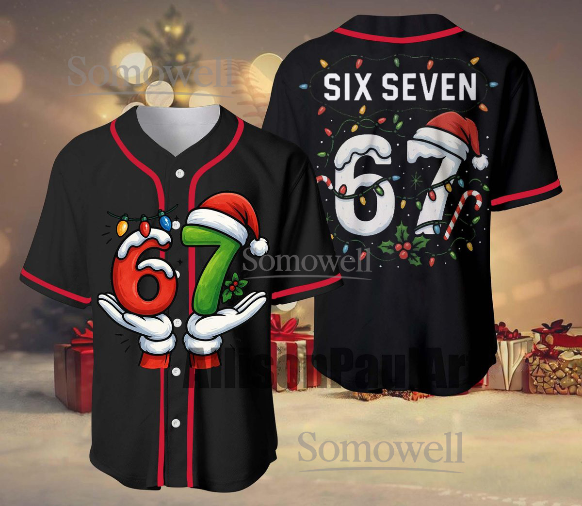 Six Seven Christmas Baseball Jersey Santa Lights Edition Available in Multiple Colors