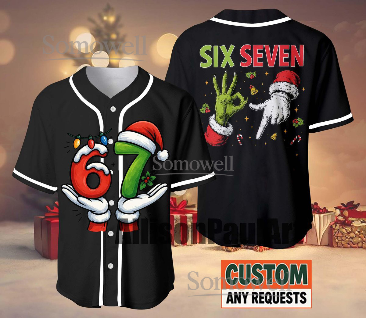 Six Seven Christmas Baseball Jersey Grinch Hand Edition Available in Multiple Colors