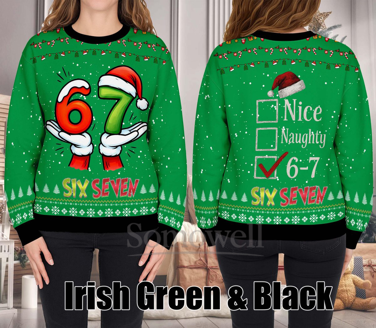 Six Seven Christmas Ugly Christmas Sweater Funny Naughty Nice List Green Knit Jumper