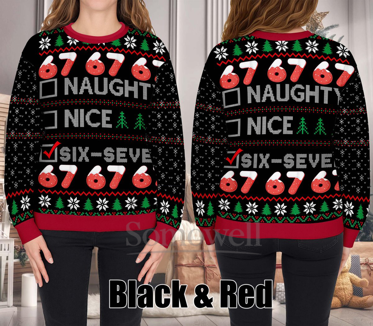 Six Seven Naughty Nice List Ugly Christmas Sweater Funny Black Red Holiday Knit Jumper