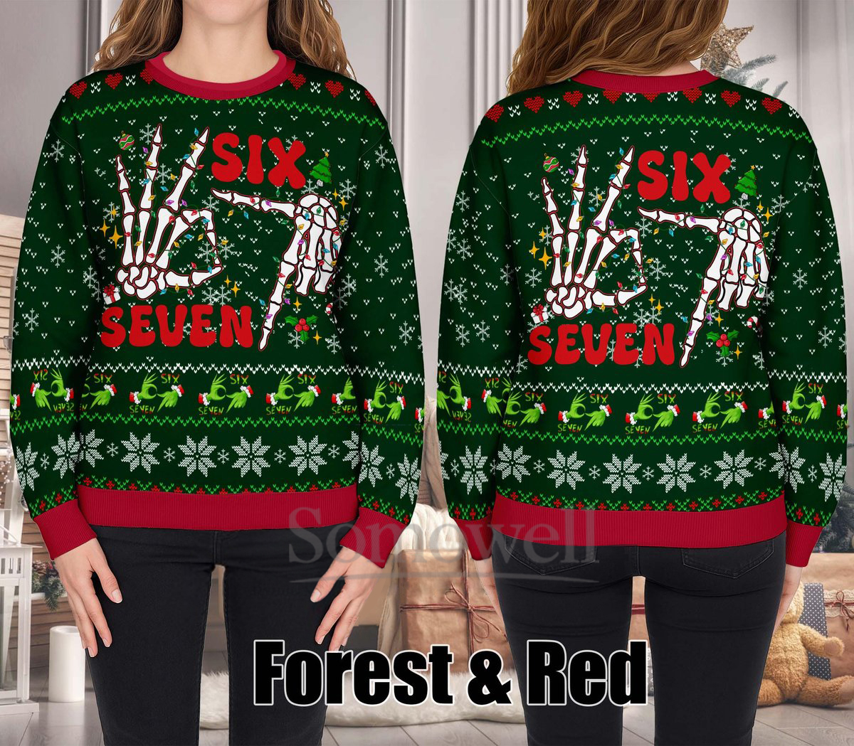 Six Seven Skeleton Hands Ugly Christmas Sweater Funny Forest Red Holiday Knit Jumper