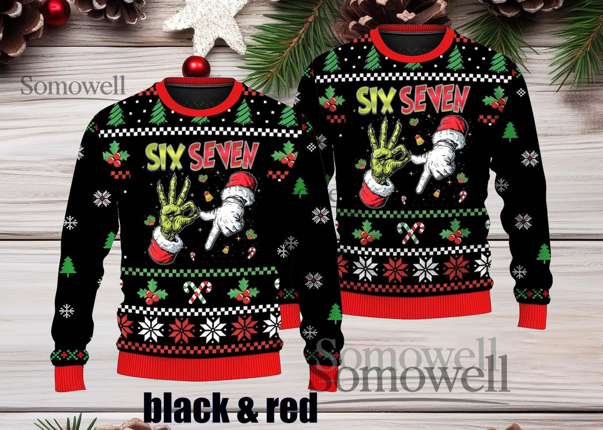 Six Seven Grinch Hand Sign Ugly Christmas Sweater Black Red Cool Style Edition Multi Color Edition