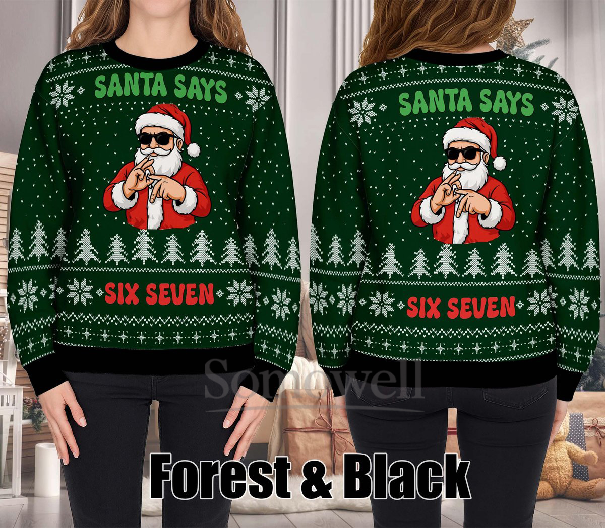 Santa Says Six Seven Ugly Christmas Sweater Funny Forest Holiday Knit Jumper Gift