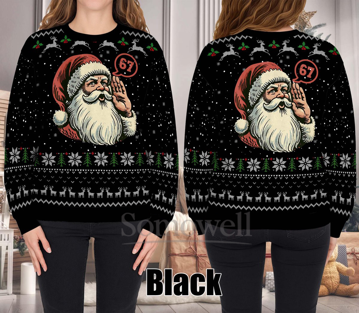 Vintage Santa 67 Ugly Christmas Sweater Funny Black Holiday Knit Jumper Gift