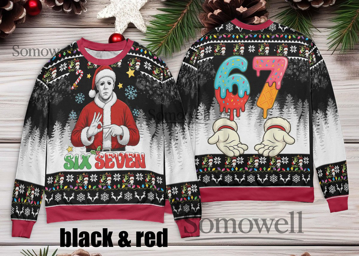 Six Seven Horror Mask Santa Ice Cream Hands Ugly Christmas Sweater Black Red Creepy Edition Multi Color Edition