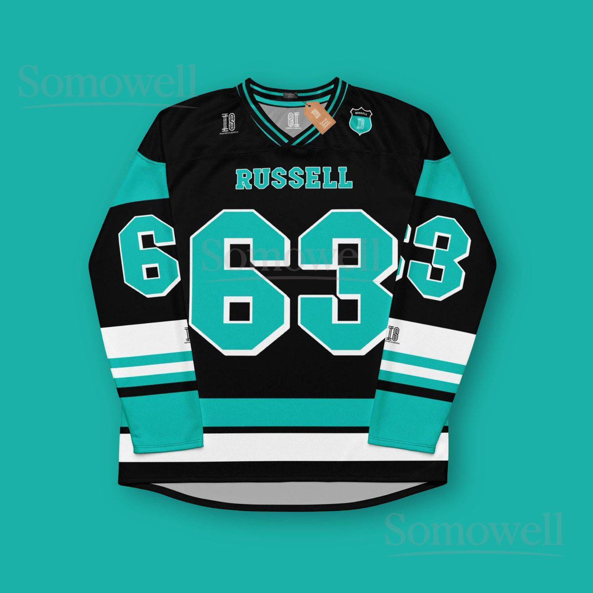 Custom George Russell Mercedes F1 Hockey Jersey Shirt for Racing Fans Black and Teal Number 63 Formula 1 Team Apparel
