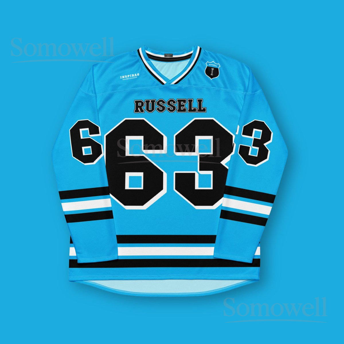 Custom George Russell Mercedes F1 Hockey Jersey Shirt for Racing Fans Blue and Black Long Sleeve Design Inspired by Formula One