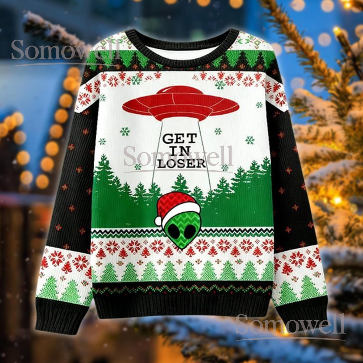 Get In Loser Alien Ugly Christmas Sweater Funny UFO Abduction Holiday Gift