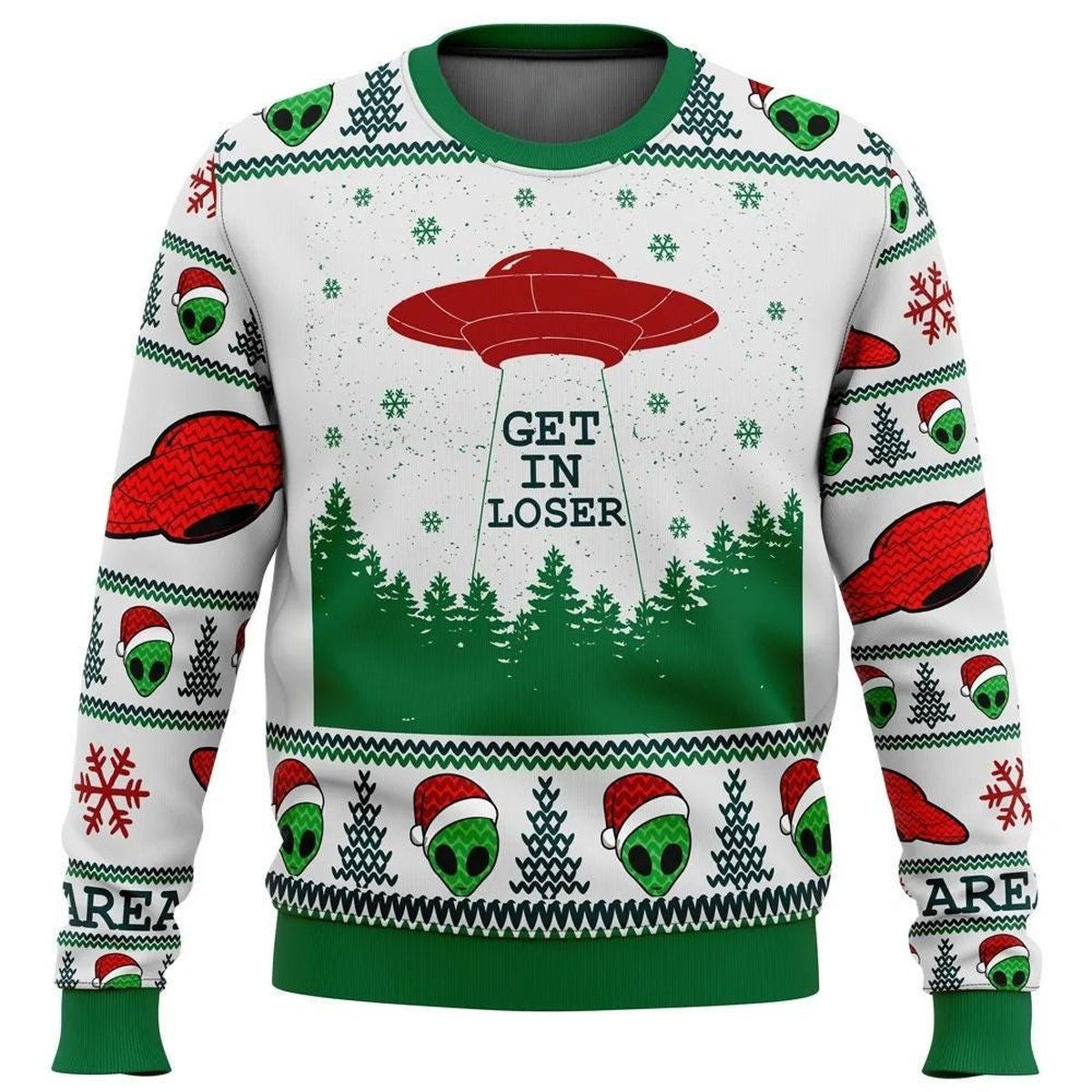 Get In Loser Alien UFO Green Ugly Christmas Sweater Holiday Knit Gift