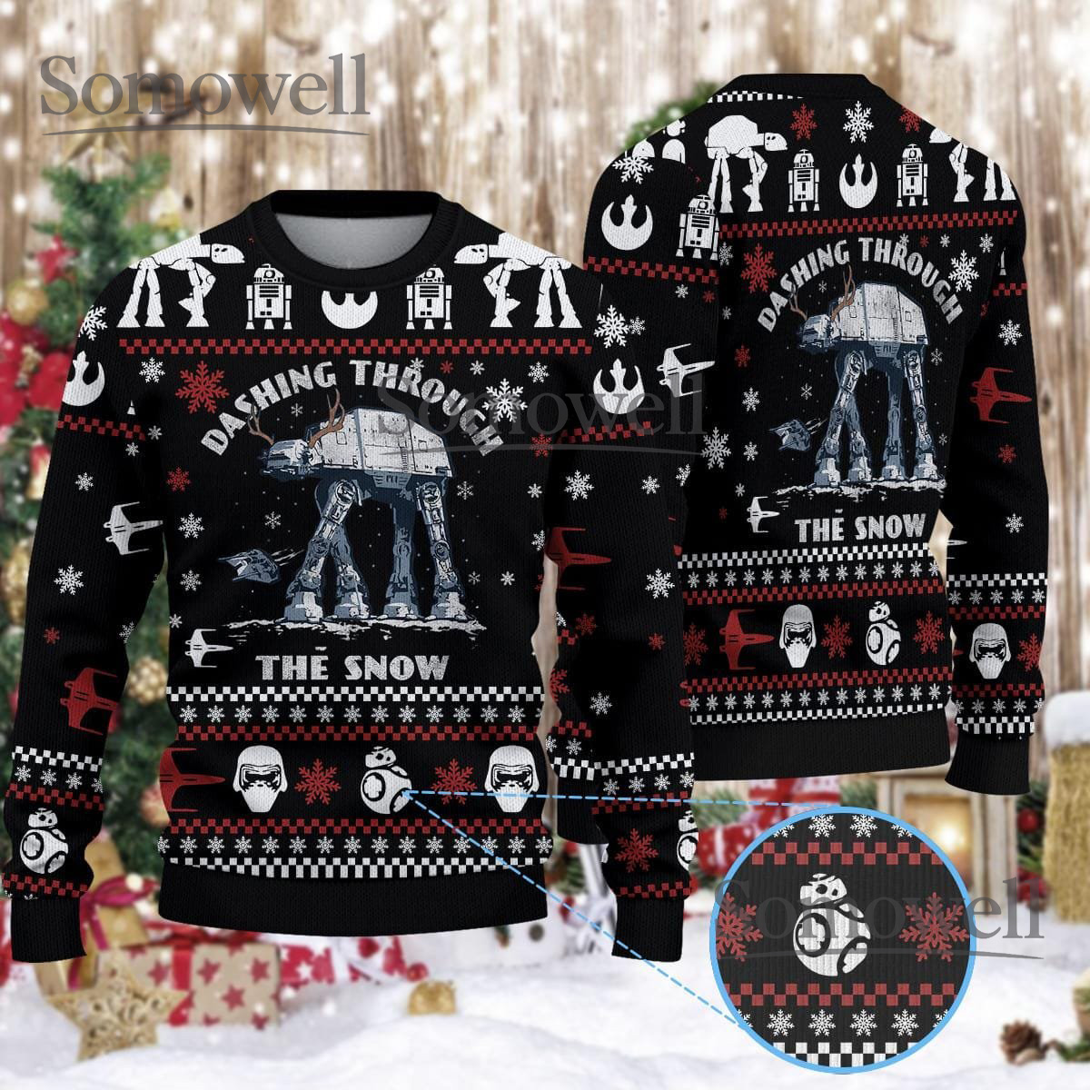 Dashing Through The Snow Black Ugly Christmas Sweater Star Wars AT-AT Walker Holiday Knit Jumper