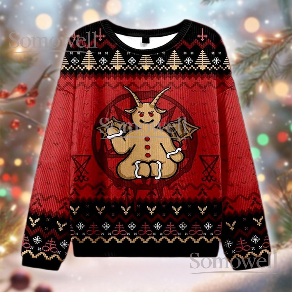 Gingerbread Red Christmas Ugly Sweater Baphomet Holiday Knit Jumper Funny Dark Humor Design
