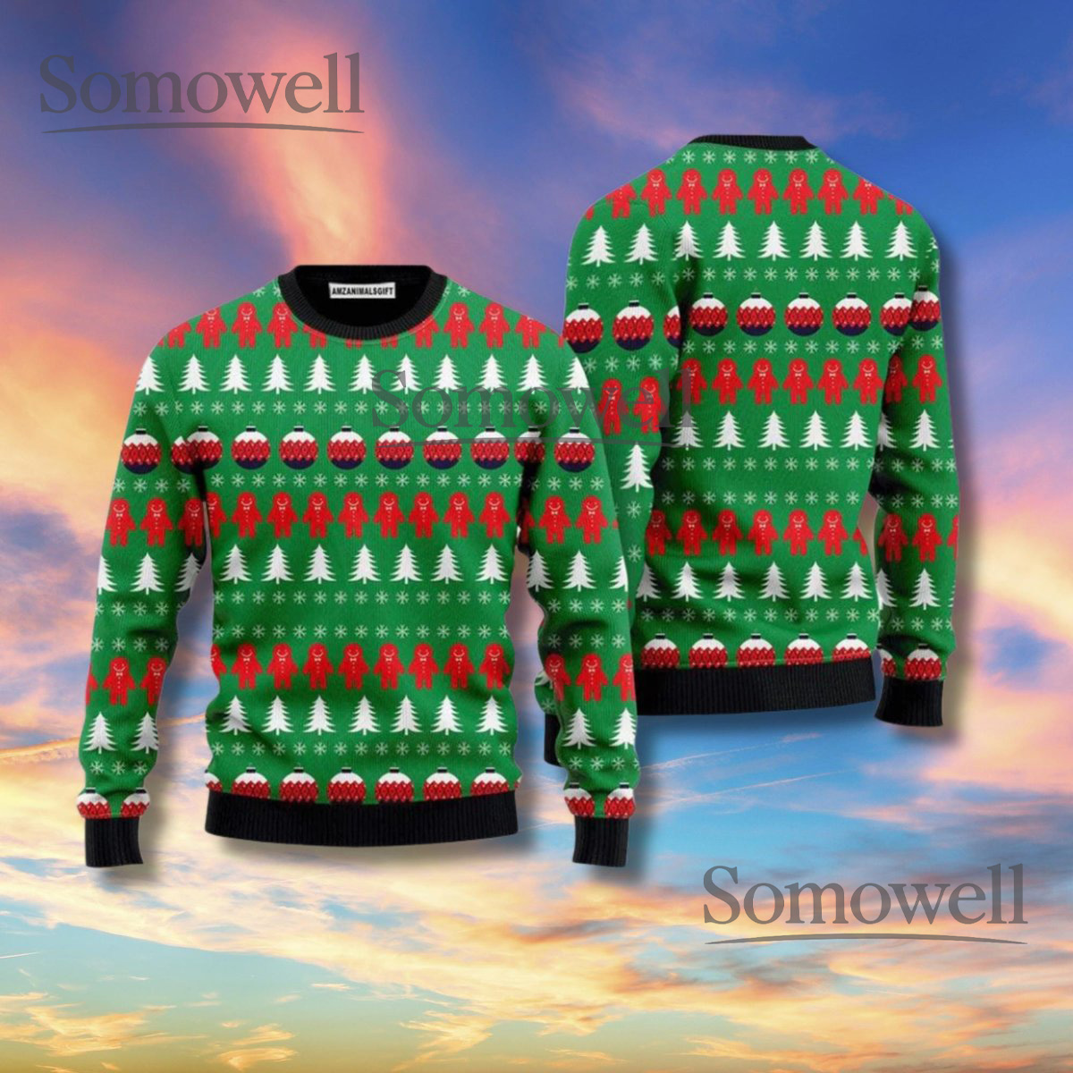 Gingerbread Christmas Sweater Green Trees Snowflake Unisex Ugly Xmas Knit