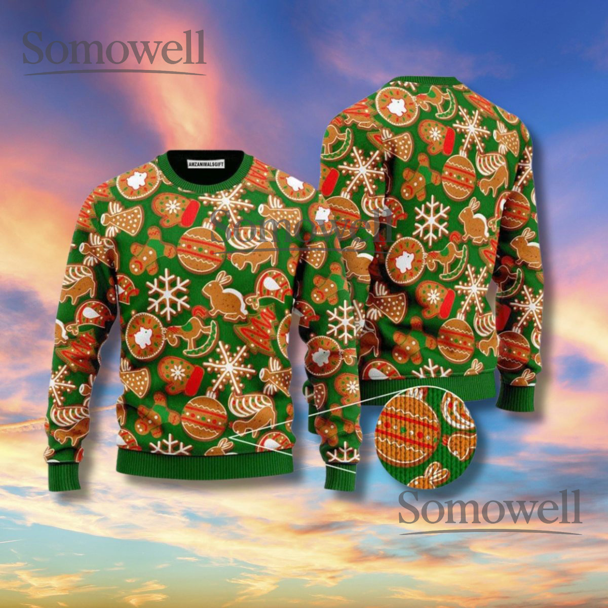 Gingerbread Cookie Christmas Ugly Sweater Green Festive Unisex Knit Holiday Jumper