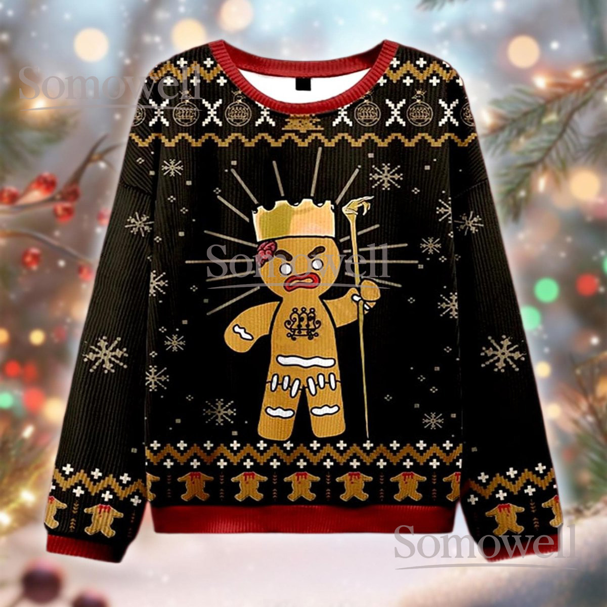 Gingerbread King Black Christmas Ugly Sweater Holiday Knit Jumper Funny Royal Cookie Design