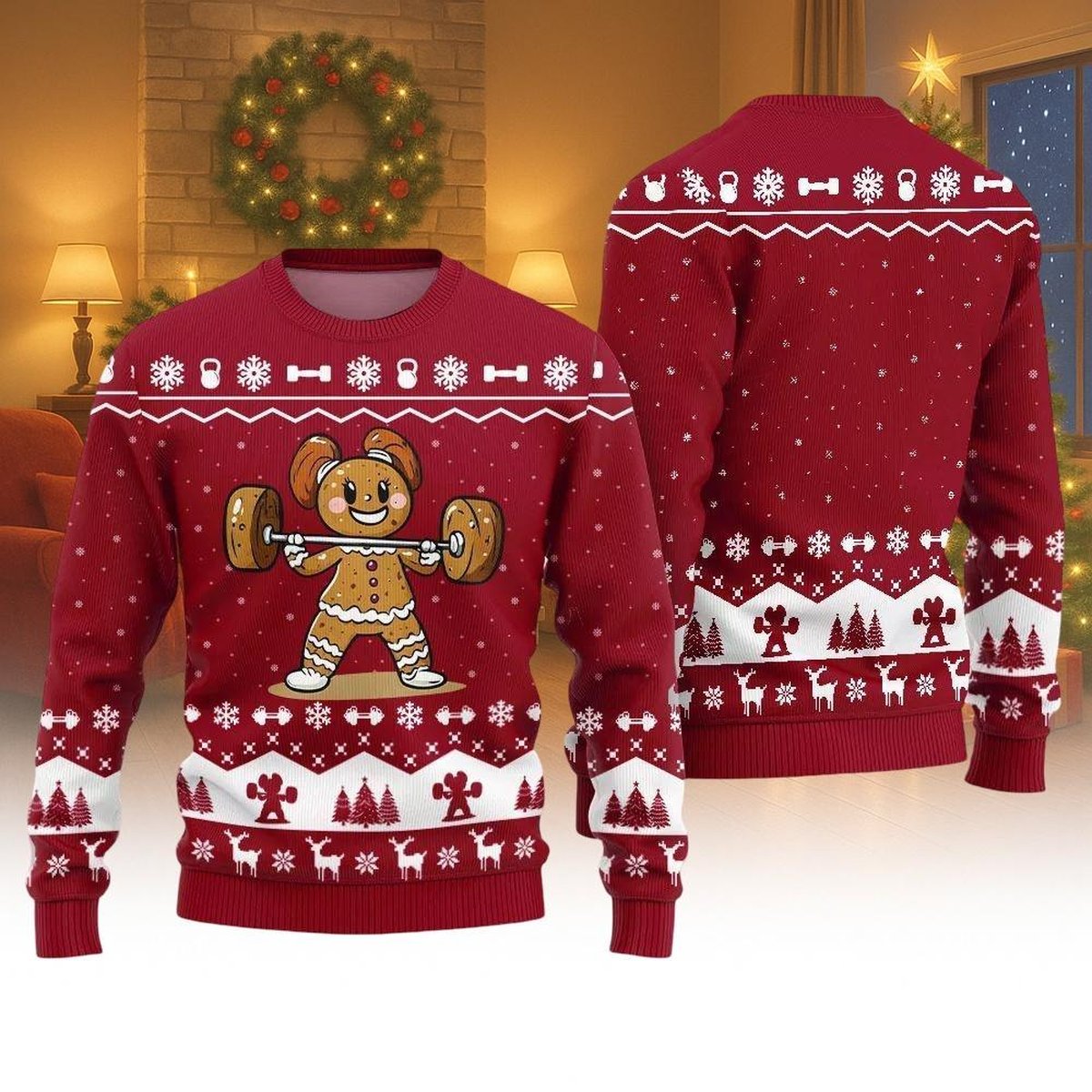 Gingerbread Man Weightlifting Christmas Sweater Funny Gym Cookie Red Holiday Jumper