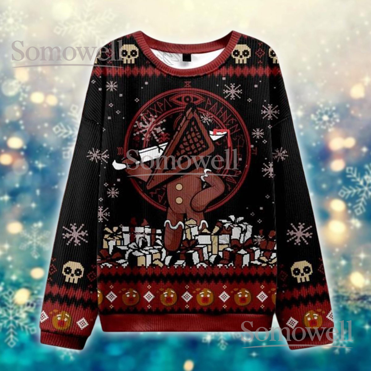 Gingerbread Pyramid Head Black Christmas Ugly Sweater Holiday Knit Jumper Funny Horror Design