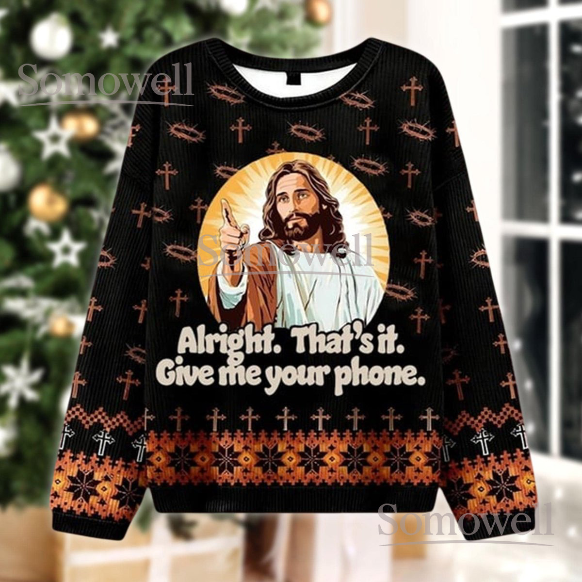 Jesus Meme Give Me Your Phone Ugly Christmas Sweater Funny Religious Holiday Gift
