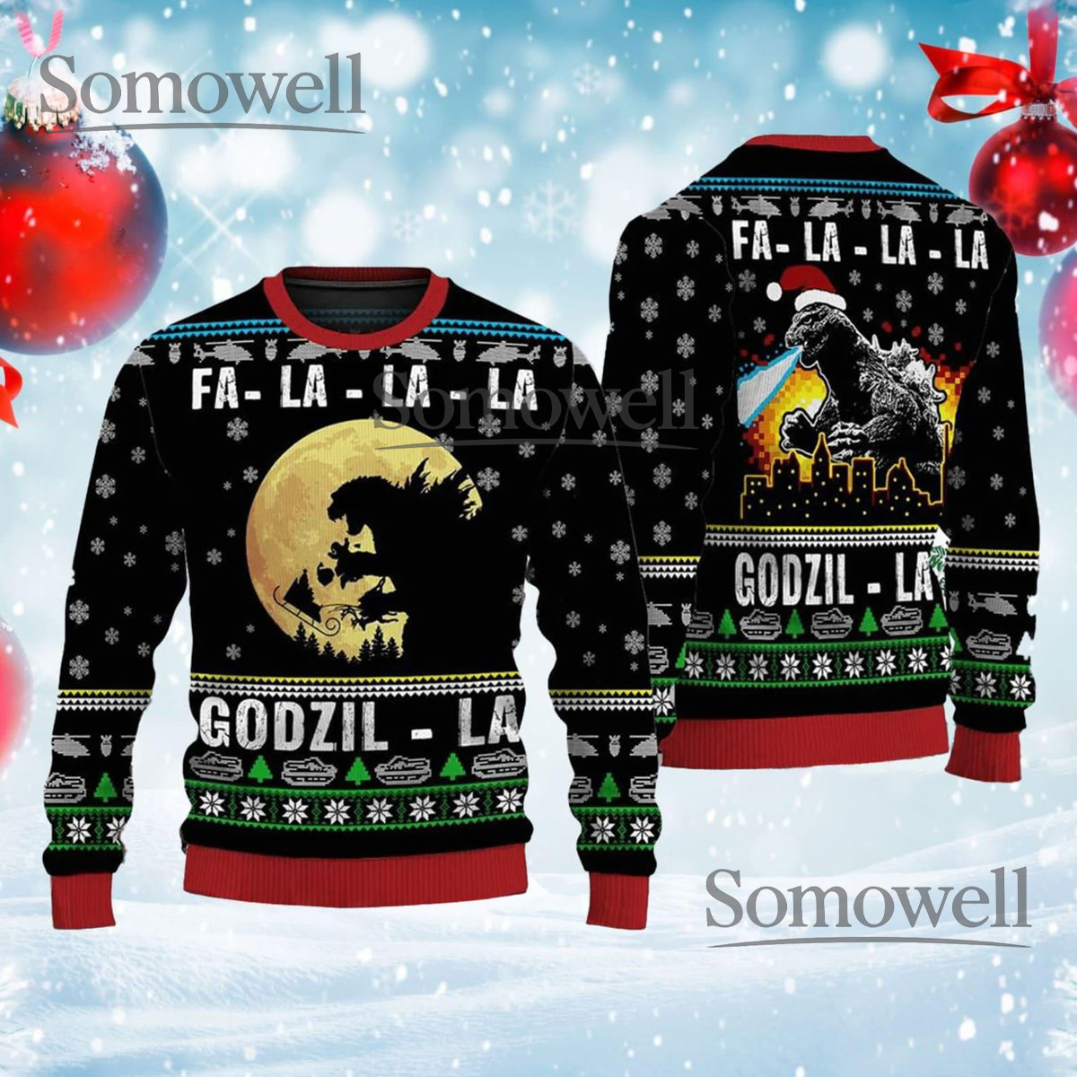 Godzilla Fa-La-La-La Black Ugly Christmas Sweater Monster Movie Holiday Knit Jumper