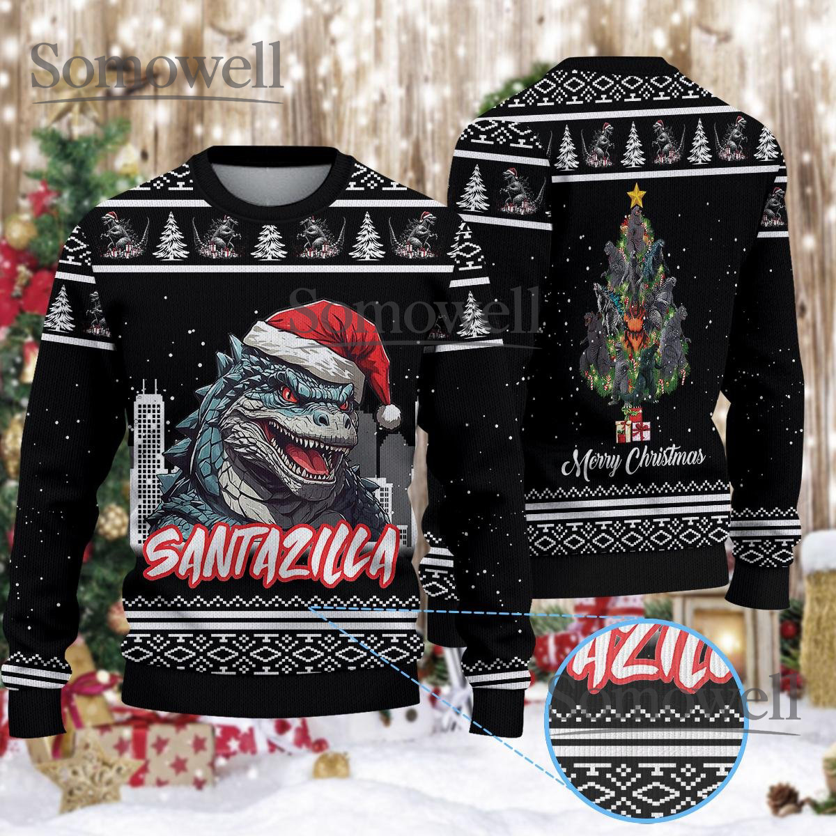 Santazilla Godzilla Merry Christmas Black Ugly Christmas Sweater Monster Holiday Knit Jumper