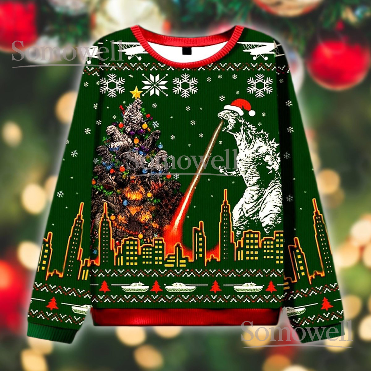 Godzilla Green Christmas Ugly Sweater Laser Beam Holiday Knit Jumper Funny Monster Movie Gift