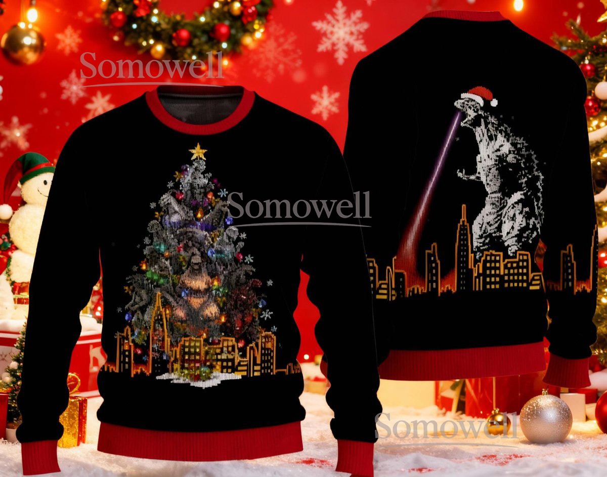 Godzilla Christmas Tree City Lights Ugly Sweater Funny Monster Holiday Gift