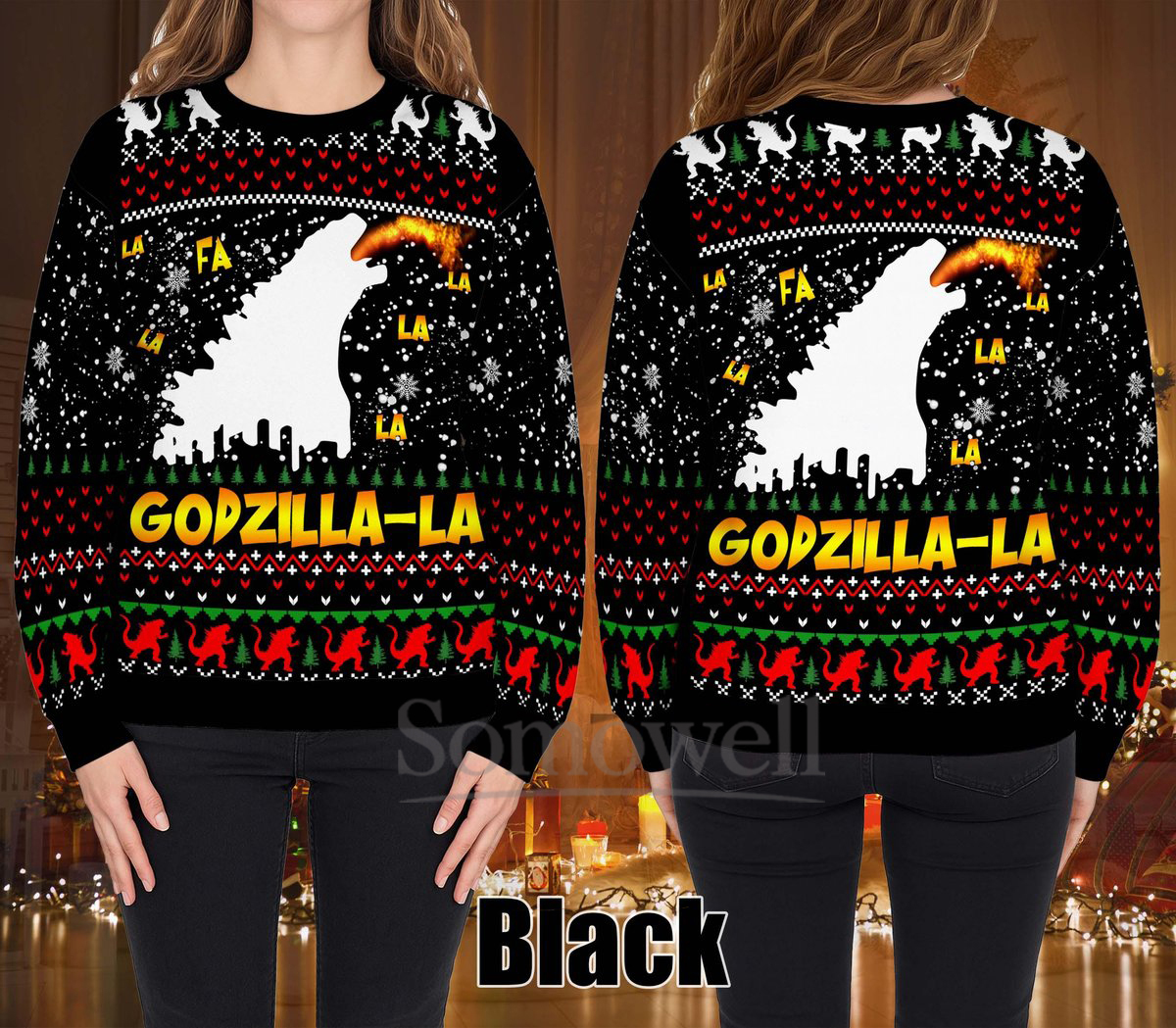 Godzilla La Ugly Christmas Sweater Funny Movie Monster Black Holiday Knit Jumper Gift