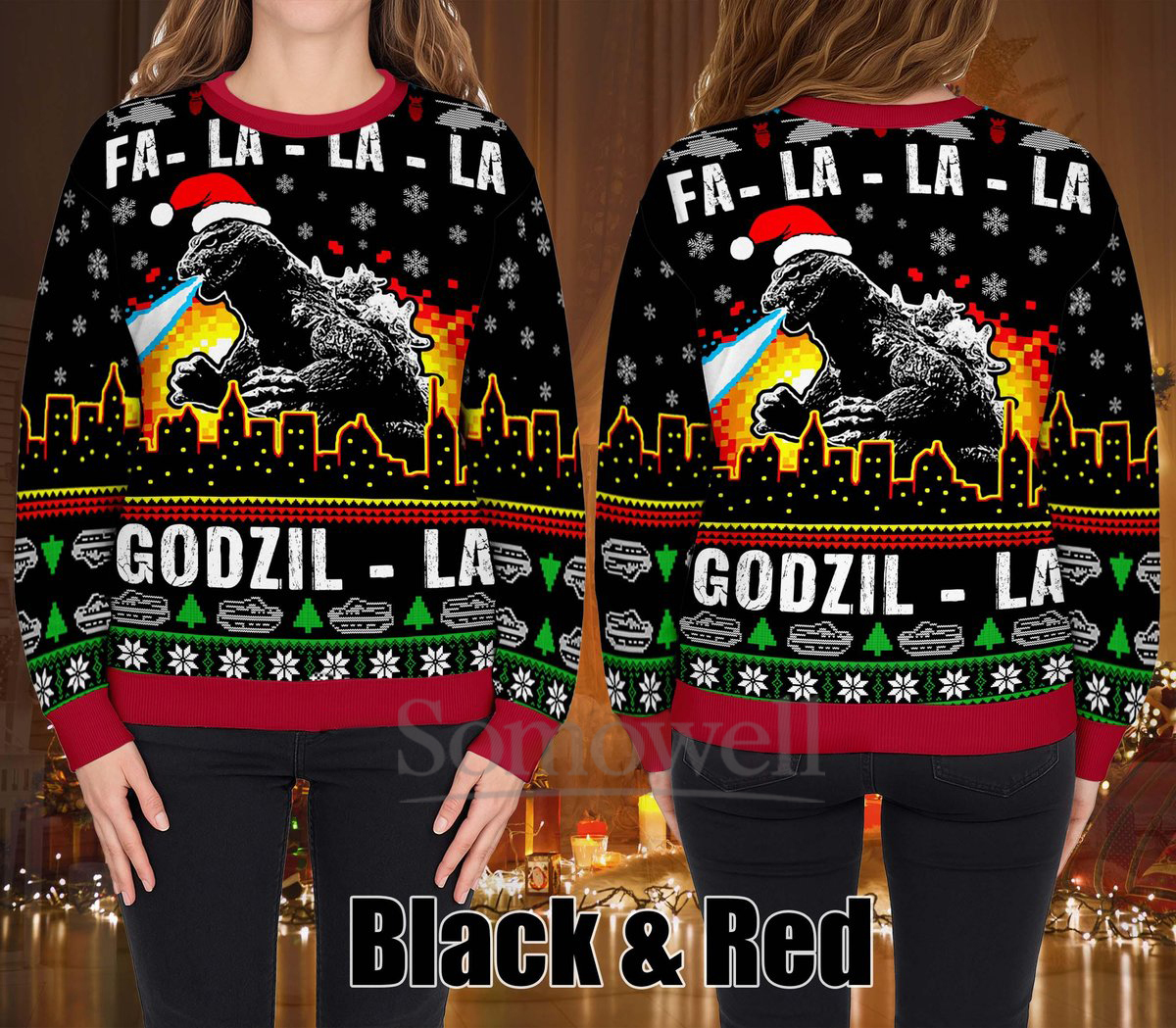 Godzilla La Ugly Christmas Sweater Funny Kaiju Movie Black Red Holiday Knit Jumper Gift