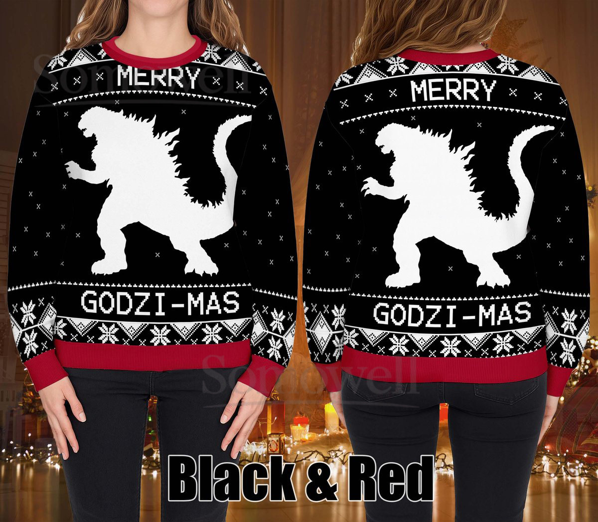 Merry Godzi-Mas Ugly Christmas Sweater Funny Monster Movie Black Red Holiday Knit Jumper