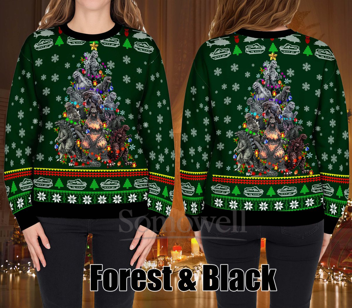 Godzilla Christmas Tree Ugly Christmas Sweater Funny Forest Black Holiday Knit Jumper Gift